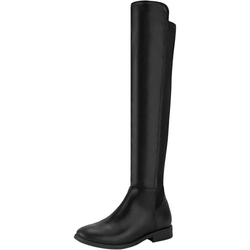 Women Black Pu Suede Thigh High Over The Knee Flat Low Heel Long Round Toe Boots